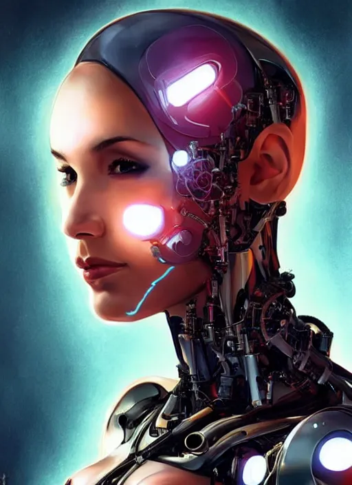 Image similar to portrait of a cyborg woman who turns her head to the (((((right))))) left!!! (((((up))))) ((((((((((down)))))))))) by Artgerm,eyes closed , biomechanical, hyper detailled, trending on artstation
