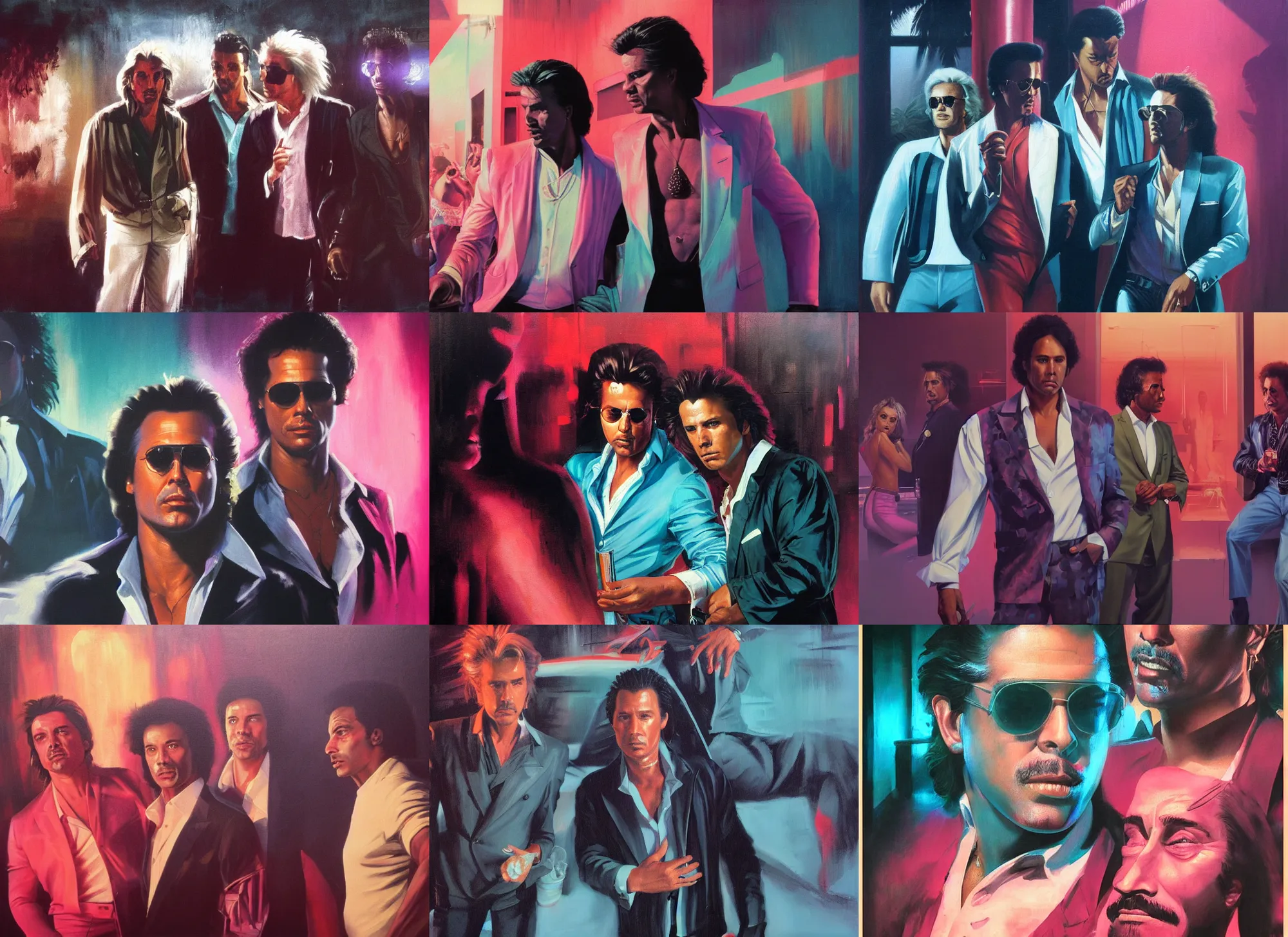 Image similar to a portrait painting of eighties miami vice, night club, don johnson and philip michael thomas, ultra realistic, highly detailed faces, true life, 8 k, masterpiece, cinematic, by frank frazetta, greg rutkowski, yoko taro, christian macnevin, beeple, wlop, krenz cushart, epic character art, volumetric lighting