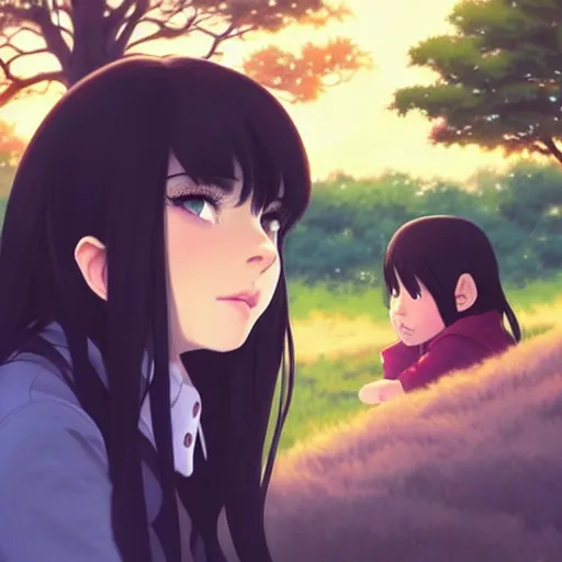 Image similar to a beautiful girl with long dark hair, sitting in the park next to a young boy who has dark hair, sunset, evening, sharp focus, intricate, artstation, official media, anime key visual, highly detailed, rich vivid colors, ambient lighting, illustration, art by Artgerm, Makoto Shinkai, Ilya Kuvshinov, Lois Van Baarle, and Rossdraws