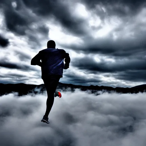 Image similar to running on clouds, 4k, post-processing, dramatic, intense moment