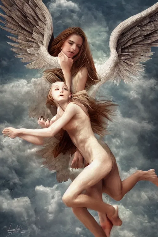 Prompt: angel falling to human market, very high resolution images, very details, very realistic, hyperrealistic, art by yulia iosilzon, and simone graci