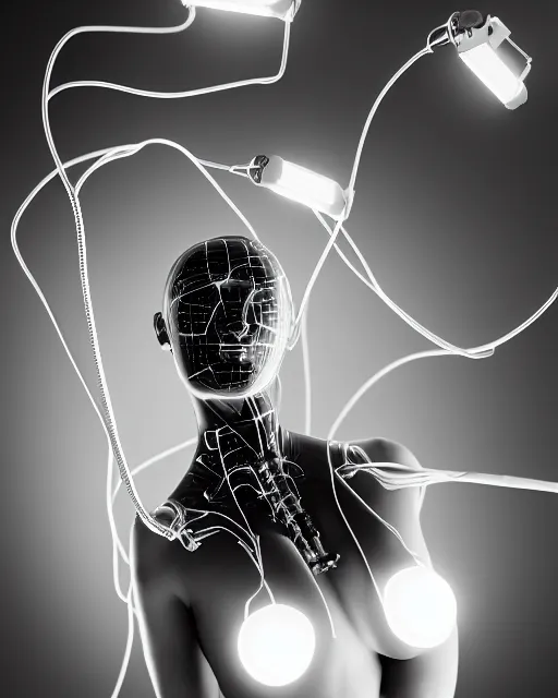 Image similar to black and white artistic photo, full figure, young female cyborg - plant, microchip, artificial intelligence, bio - mechanical bio - luminescence, black wired cables, cinematic, rim light, photo - realistic, 8 k