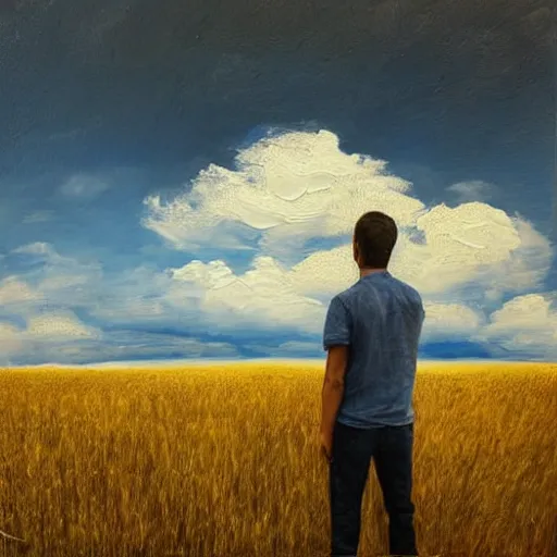 Image similar to a man standing in a open field with a rift in the sky, wide angle shot, hd, intricate detail, painting