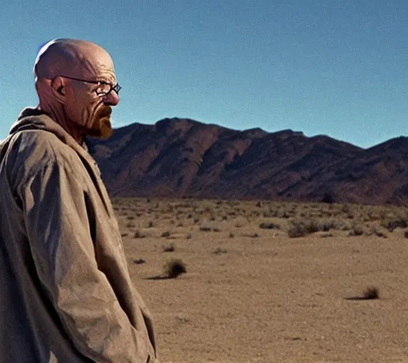 Image similar to walter white rapping in the desert, realistic, movie still, close up