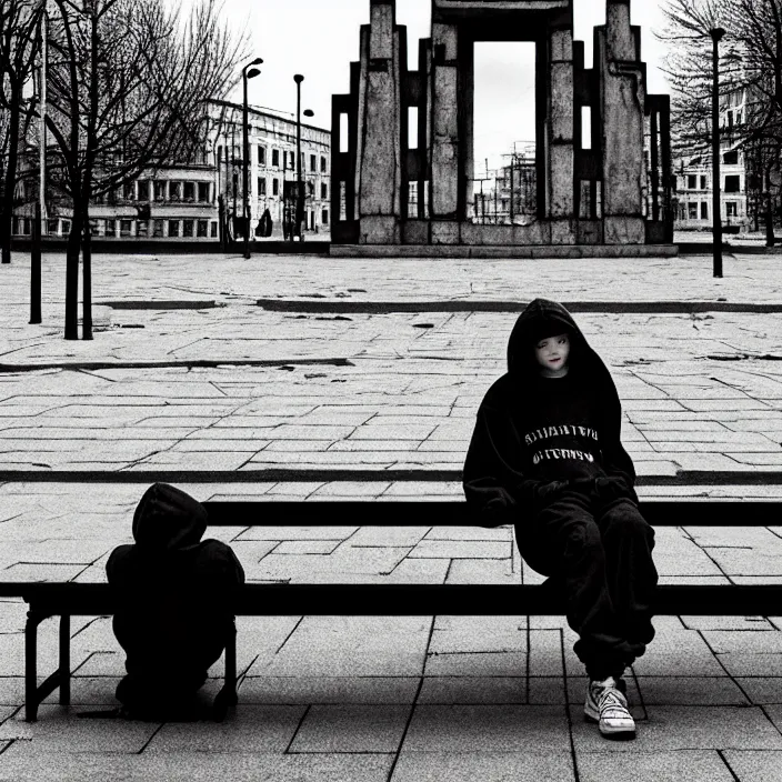 Image similar to sadie sink in hoodie sits on bench in ruined square, pedestrians walk by, old soviet monument. storyboard, scifi cyberpunk. by gabriel hardman, joe alves, chris bonura. cinematic atmosphere, detailed and intricate, perfect anatomy