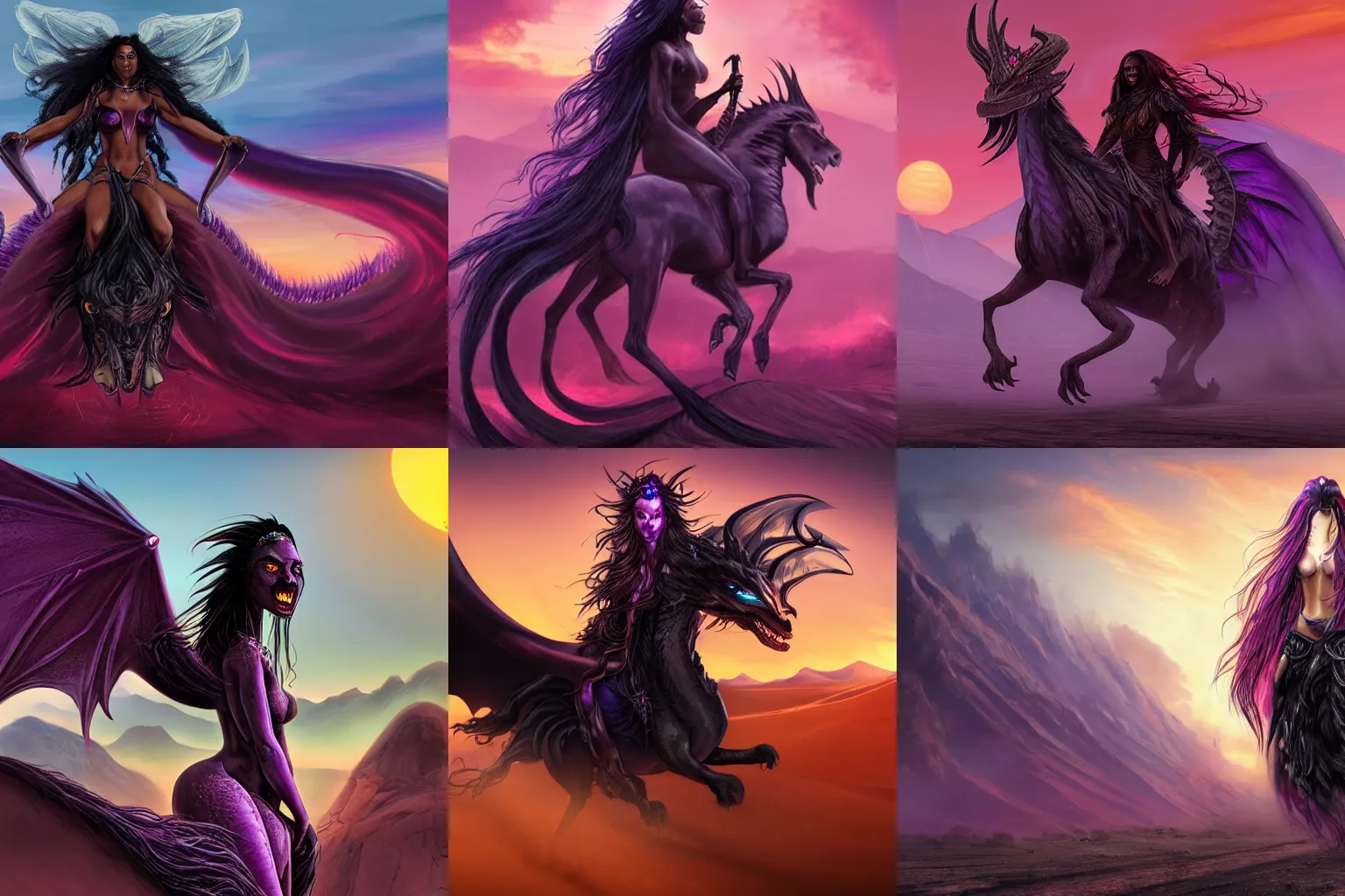 Prompt: beautiful black sorceress with purple eyes and long flowing hair, riding on the back of an enormous, roaring red dragon through the mojave desert at sunset. horror fantasy in the style of stefan koidl. 4 k. highly detailed. realistic.