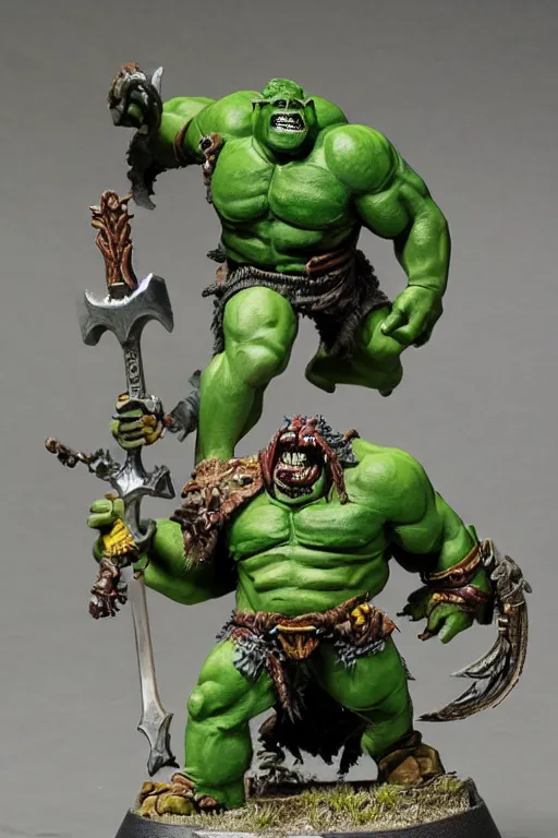 Prompt: a huge green orc swinging a battle axe. detailed painted Games Workshop miniature, studio lighting