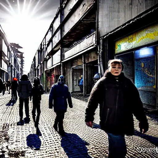 Image similar to people are walking past plasmacraft, back from work in a Russian cyberpunk slum city called Neo Norilsk on the Moon, black sky with Milky Way, bright sun, diverse, lively, black sky full of stars, blinding bright sun, sci-fi, lots of flying cars, levitation, cyberpunk outfits, photorealistic, grainy, 35mm, intricate, very very beautiful, elegant, smooth, cinematic, Unreal Engine 5, by Beeple, trending on Artstation HD