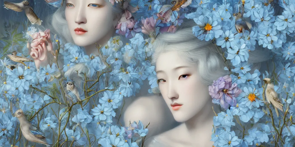 Image similar to breathtaking detailed concept art painting art deco pattern of blonde faces goddesses amalmation light - blue flowers with anxious piercing eyes and blend of flowers and birds, by hsiao - ron cheng and john james audubon, bizarre compositions, exquisite detail, extremely moody lighting, 8 k