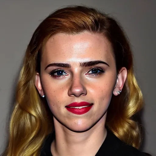 Image similar to a woman who is a genetic combination of scarlett johansson and emma watson face and upper - body focus