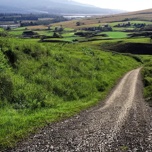 Prompt: ''down a gravel road', 'up a hill', oh my goodness, what a nice view! ', an image of some modular synthesizers