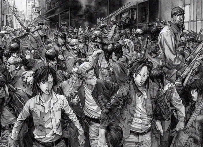 Image similar to a riot in the streets, by takehiko inoue and kim jung gi and hiroya oku, masterpiece illustration, ultrarealistic, perfect face and anatomy, golden ratio