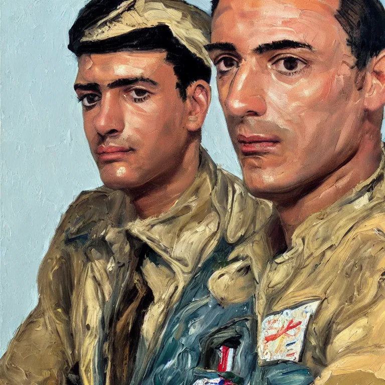 Prompt: close up studio portrait of very handsome Persian Air Force Pilot in 1967, impasto heavy brushstrokes oil painting by Lucian Freud and Tim Hawkinson and Cy Twombly, trending on artstation Studio lighting Expressionism