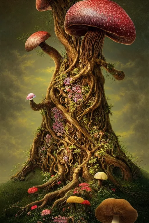 Image similar to a beautiful digital illustration painting of a detailed fantasy tree trunk and roots, mushroom, flowers by benoit b. mandelbrot, steven belledin, martin johnson heade, lee madgwick, caspar david friedrich, and david rios ferreira. 8 k resolution trending on artstation concept art digital illustration