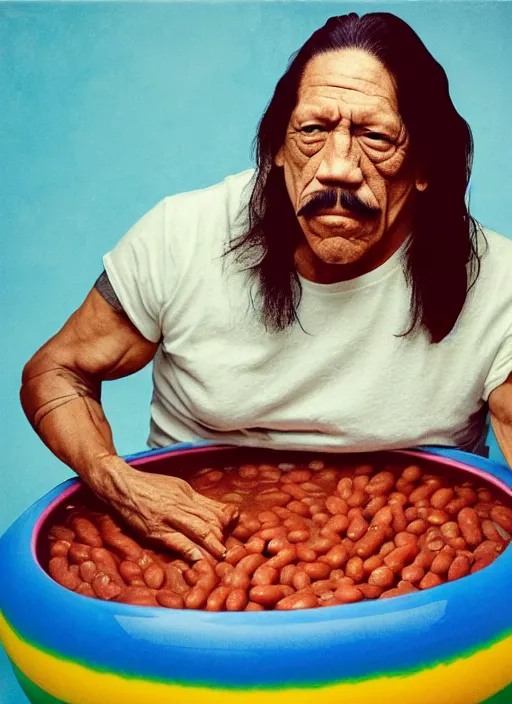 Image similar to ultrawide angle colour portrait masterpiece photography of danny trejo sitting in a kiddie pool of baked beans shot by annie leibovitz michael cheval miho hirano moebius josh kirb