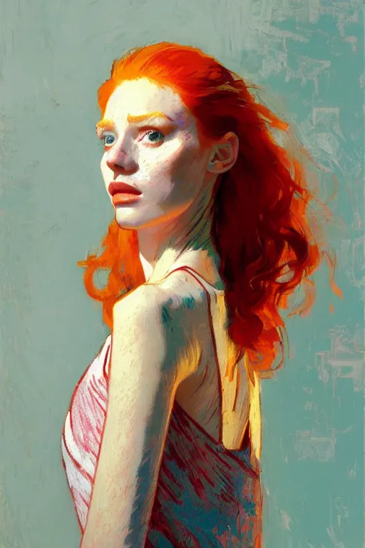 Image similar to portrait of a beautiful redhead girl, complementary colors, beautiful face, rule of thirds, intricate outfit, spotlight, by greg rutkowski, by jeremy mann, by francoise nielly, by van gogh, digital painting