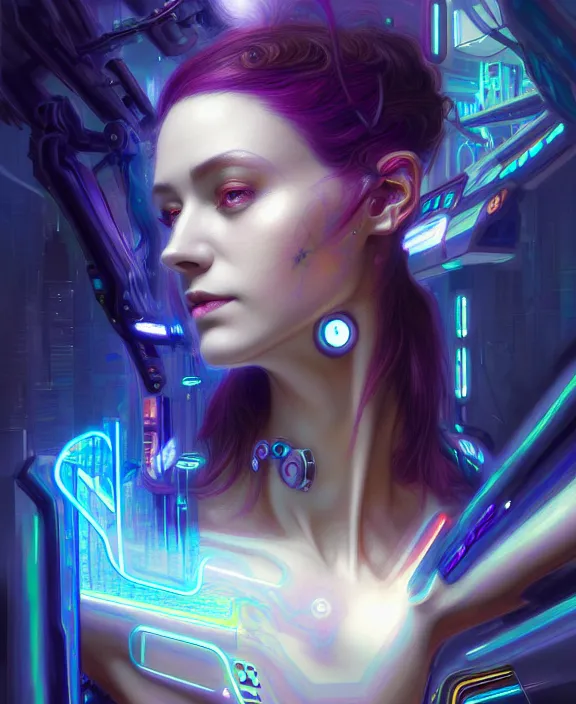 Image similar to a whirlwind of souls rushing inside the metaverse, hologram, half body, neurochip, shaved temple, piercing, jewelry, android, cyborg, cyberpunk face, by loish, d & d, fantasy, intricate, elegant, highly detailed, colorful, digital painting, artstation, concept art, art by artgerm and greg rutkowski and alphonse mucha