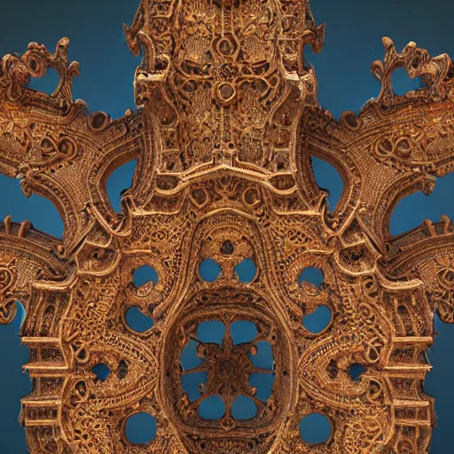 Image similar to a photo - real delicate sculpture of an ornate detailed cathedral populated by mandelbrot fractals, micro detail, unreal engine, backlit lighting, octane renderer, colorful, physically based rendering, tribal art, trending on cgsociety