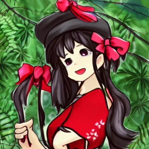 Image similar to a drawing of reimu in the jungle wearing bonnet