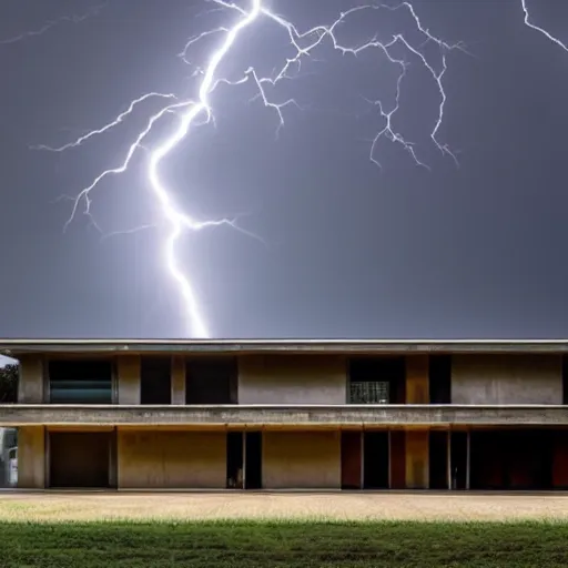 Prompt: a centered magnificent building of le Corbusier standing in the middle of manathan, apocalypse lightning, high quality, 4k