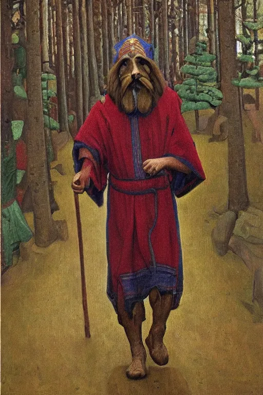 Prompt: slavic dog head man, woolen torso in medieval clothes, walking in the forest, orthodox, oil painting, concept art, hyperrealism, beautiful, high resolution, trending on artstation, by annie swynnerton and nicholas roerich, embroidered robes, elaborate costume, geometric ornament, symbolist, soft colors, extremely detailed