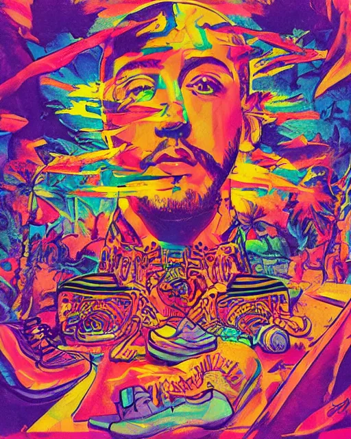 Prompt: mac miller lsd trip, illustrative, concept art, good vibes, peace, love, 4 2 0, don't trip, nikes on my feet