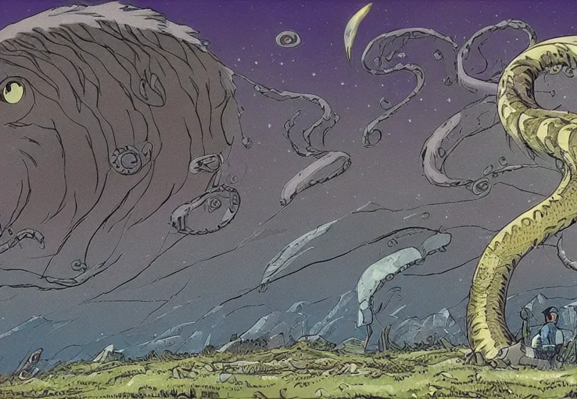 Prompt: a cell - shaded cartoon from princess mononoke ( 1 9 9 7 ) showing a lovecraftian eel. in the background is stonehenge on a misty and starry night. very dull muted colors, hd, 4 k, hq