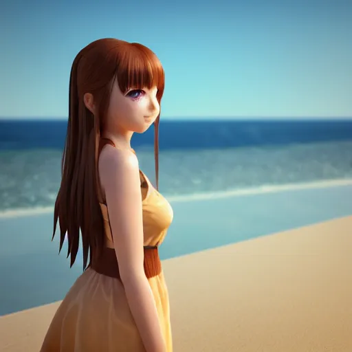 Image similar to Render of a very beautiful 3d anime girl, long hair, hazel eyes, cute freckles, full round face, short smile, cute sundress, golden hour, serene beach setting, medium shot, mid-shot, highly detailed, trending on Artstation, Unreal Engine 4k