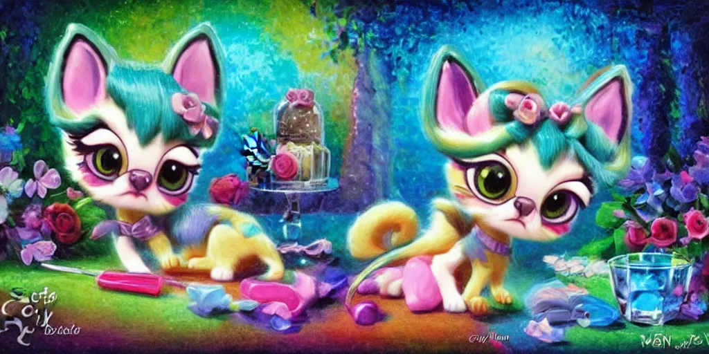 Image similar to 3 d littlest pet shop cat, lacey accessories, glittery wedding, ice cream, gothic, rainbow, master painter and art style of noel coypel, art of emile eisman - semenowsky, art of edouard bisson