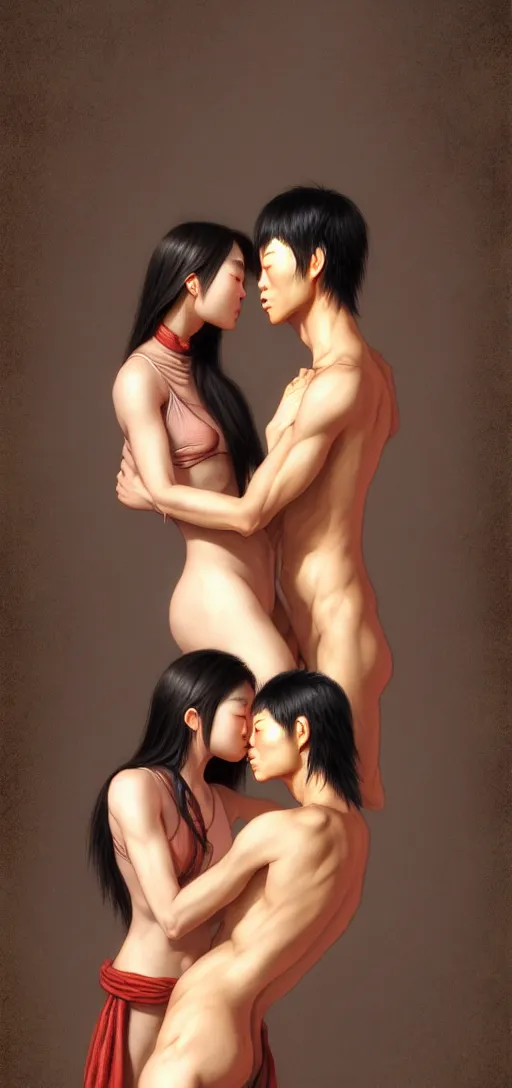 Image similar to young asian fit male and female, wearing clothes, kissing each other, by kyu yong eom thomas cole and wayne barlowe, 8 k, high detail, fantasy art, dnd, artstation,