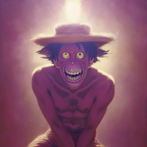 Image similar to highly detailed vfx portrait of monkey d. luffy, stephen bliss, greg rutkowski, loish, rhads, beeple, makoto shinkai, tom bagshaw, alphonse mucha, global illumination, sharp focus, art by artgerm and greg rutkowski, stanley kubrick, best of behance, cinematic lighting, frowning, mouth closed,