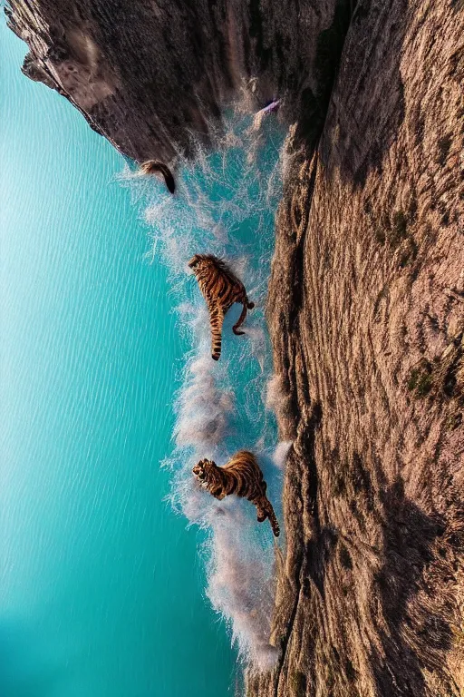 Image similar to cinematic hairy tiger attached to a large open balloon parachute jumping from a mountain cliff. photo captured by a drone. wide angles lens. epic