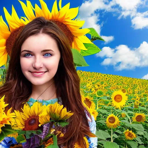 Prompt: Fantasy Map, Illustration of a Ukrainian girl Smiling | Subject Description: Beautiful pretty young, flowers in her dark hair, Scene: Sunflower field, Image Colors: Yellow sunflowers, blue cloudy sky