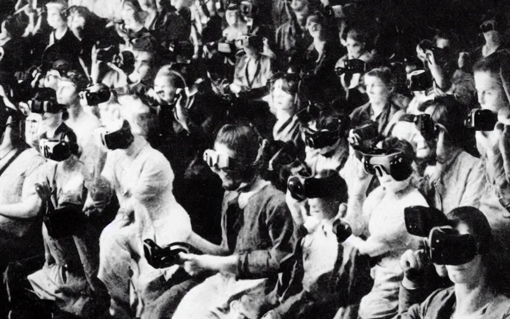 Image similar to 1 9 0 0 s photo of people using iphones ipods virtual reality headsets vr in a movie theater double exposure masterpiece