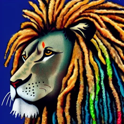 Image similar to illustration of an epic looking lion with a mane of rasta dreadlocks staring into the distance