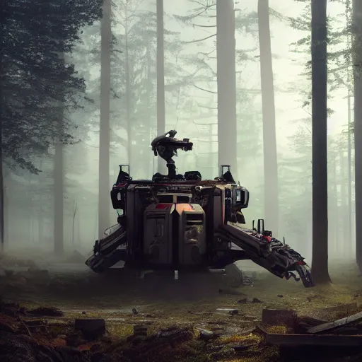 Prompt: A panoramic photograph of a giant robot working on a workstation in an uniform printing photos on a giant printer, around him 5 people are standing in a misty forest grove, large landscape, stars overhead, by Greg Rutkowski, 4k photorealistic, volumetric lighting, HD, high details, dramatic, trending on artstation