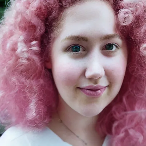 Prompt: dream a photograph of rose quartz from steven universe, portrait photography, 85mm, iso 400, focus mode, a kind expression, rosy chubby cheeks, detailed portrait, gigantic pink ringlets, huge curly pink hair, tight gigantic pink curls, warm features, a beautiful smile, bangs, plus size, white dress, gorgeous, kind features, beautiful woman, flattering photo, daylight