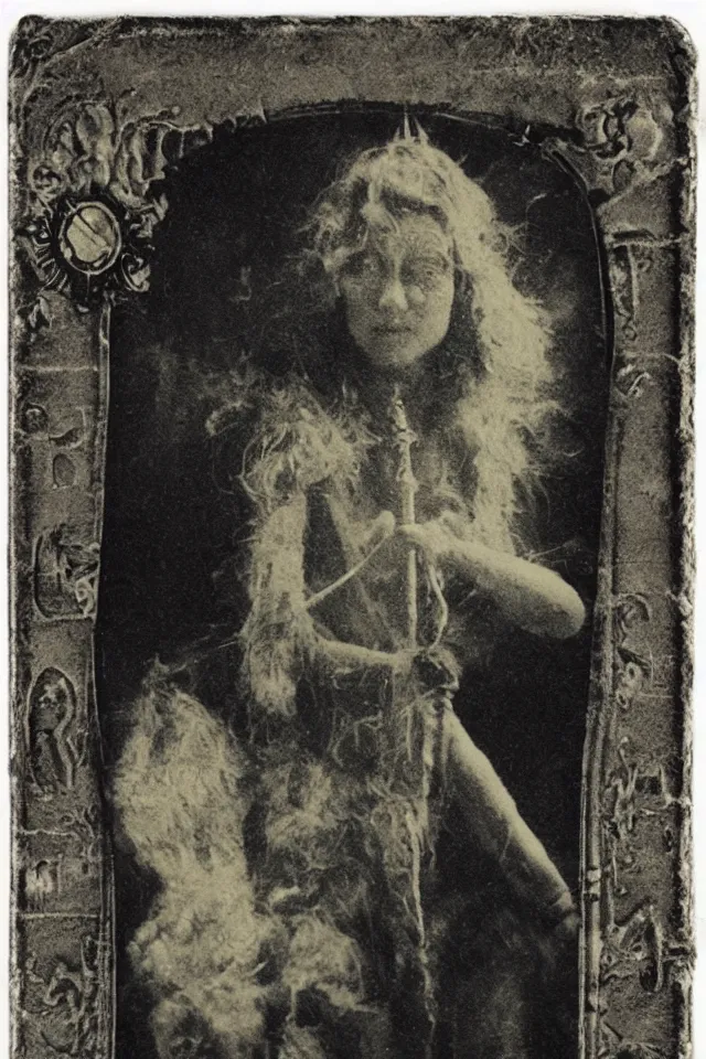 Prompt: wet plate sun tarot card victorian era, coal dust, in the style of brothers quay