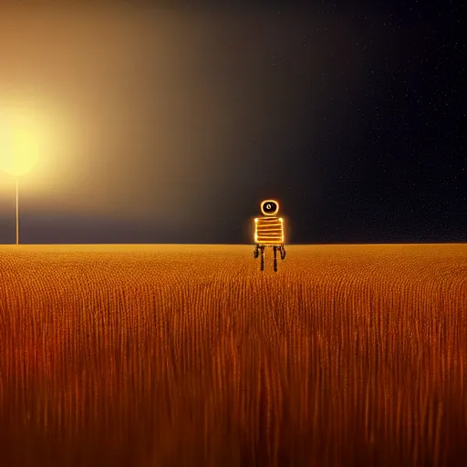 Image similar to digital painting of a glowing robot with gold wires levitating in a wheat field, synthetic humanoid smooth body, at night, stunning, cinematic lighting, concept art by greg rutkowski and simon stalenhag, artstation, cinematic, masterpice, insanely detailed, very realistic