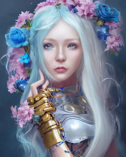 Prompt: kind cyborg girl with flowers, elegant, scifi, futuristic, utopia, garden, colorful, long white hair, vibrant, dreamy, illustration, atmosphere, top lighting, blue eyes, focused, artstation, highly detailed, art by yuhong ding and chengwei pan and serafleur and ina wong