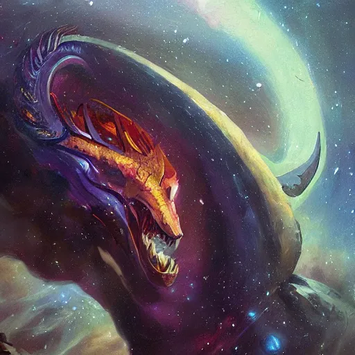 Prompt: oil painting of aurelion sol in the cosmos by greg rutkowski