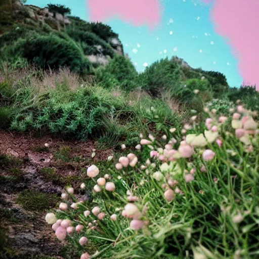 Prompt: a ultra high definition pastel coloured photograph from a holiday photo album. 5 0 mm, depicting public viewpoints from areas of outstanding natural beauty in an alien world with pale pastel coloured flora. no artefacts. highly detailed.