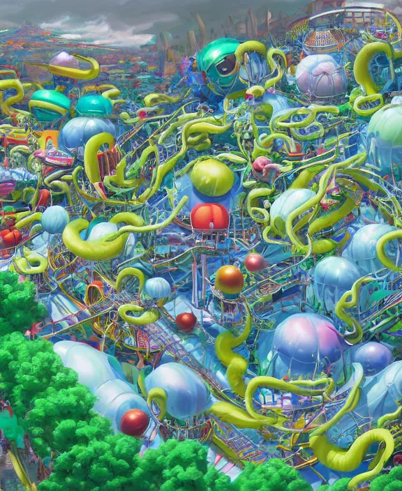 Prompt: a puffy inflated amusement park made out of fat seamless alien snakes, in the style of an aerodynamic obese robot, overgrown with thick orchids, partly cloudy, somber, dramatic lighting, by dan mumford, yusuke murata, makoto shinkai, ross tran, cinematic, unreal engine, cel shaded, featured on artstation, pixiv