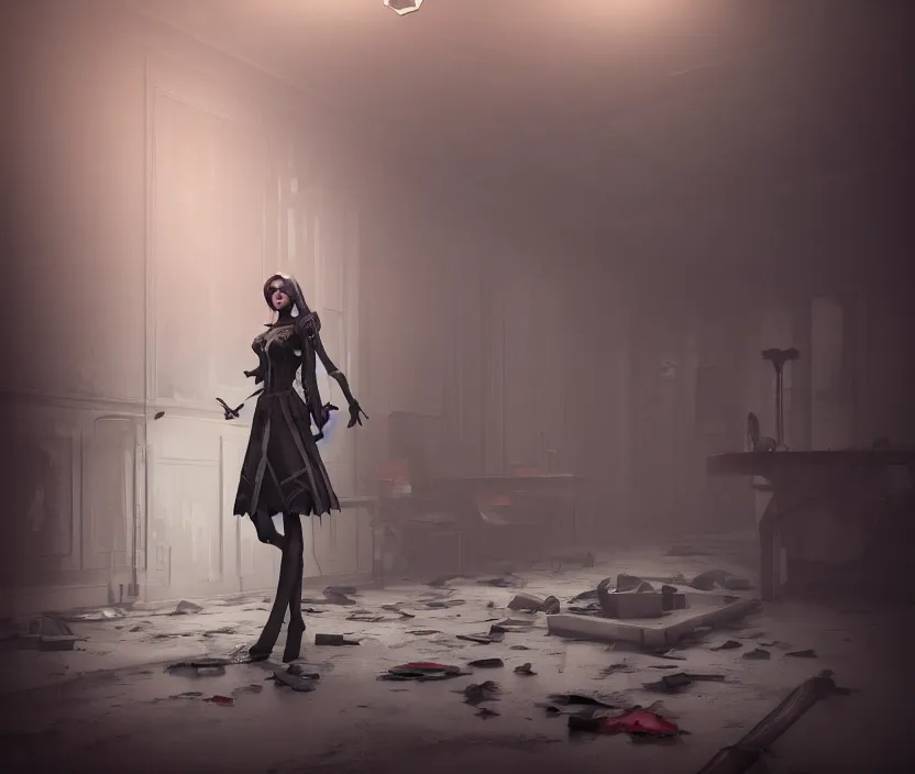 Image similar to imperial princess knight gothic girl standing on an abandoned hospital room with red ceiling lighting and several blue lights on the walls, gloomy and foggy atmosphere, octane render, artstation trending, horror scene, highly detailded