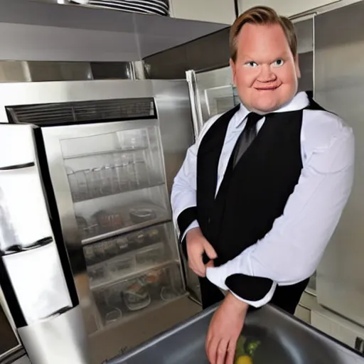 Prompt: Andy Richter is wearing a black suit and necktie and standing in a kitchen in front of an open refrigerator. There is a bright white light coming from inside the refrigerator. Andy is using his hand to shield his eyes from the bright light. Andy is squinting his eyes and his face is scrunched.