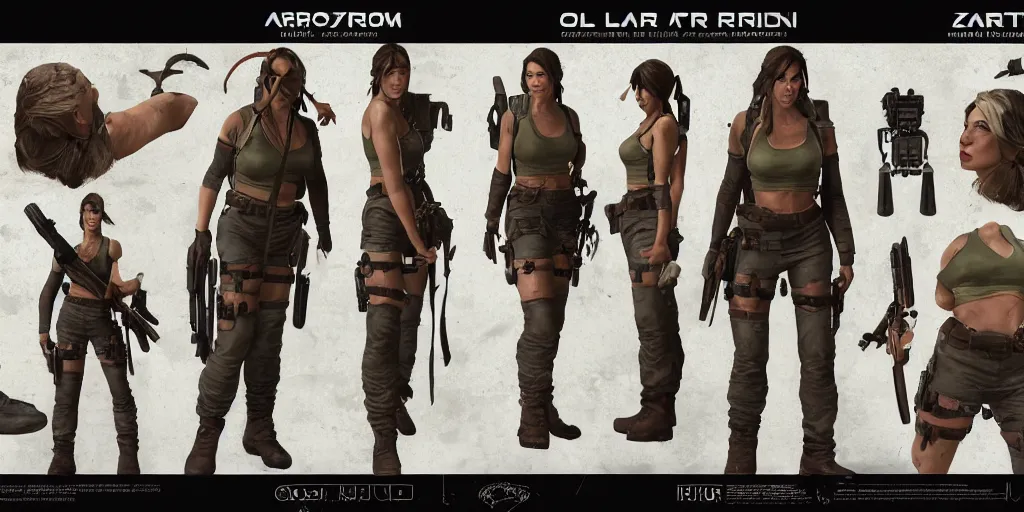 Image similar to old lara croft, character sheet, concept design, contrast, hot toys, kim jung gi, greg rutkowski, zabrocki, karlkka, jayison devadas, trending on artstation, 8 k, ultra wide angle, pincushion lens effect