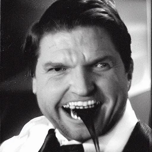 Prompt: Ron Desantis as a blood sucking vampire showing his fangs in a menacing grimace, 35mm film