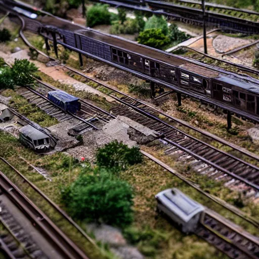 Prompt: a huge model railroad scene of an abandoned city, empty cars, overgrown buildings, zeiss 1 8 mm prime,