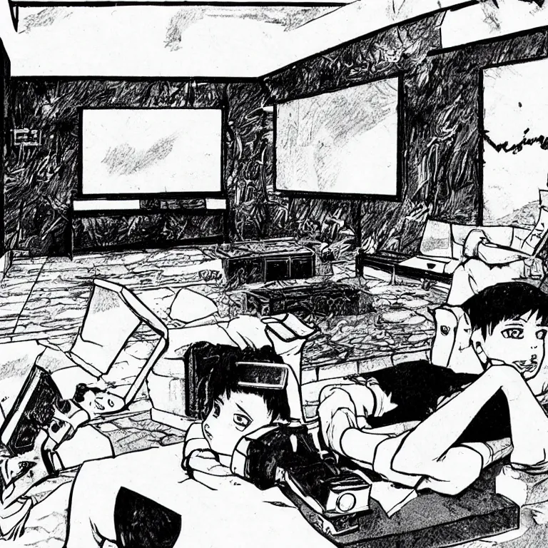 Image similar to manga illustration of teenager playing video games inside creepy 1 9 8 0's living room basement.