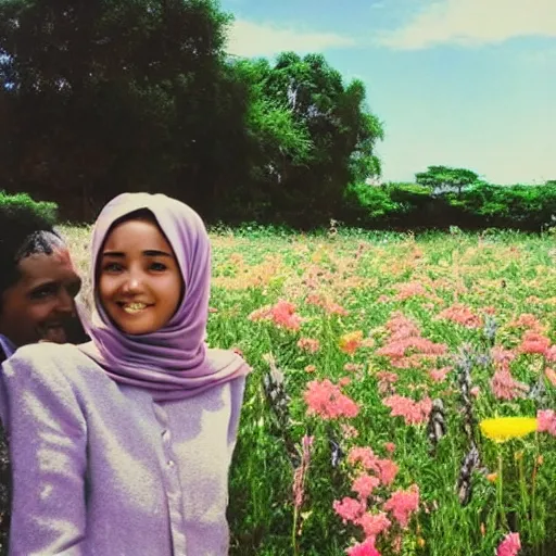 Prompt: somali friends, vintage, studio ghibli, field of flowers, city bridge, beautiful, happy, dreamy, pastel